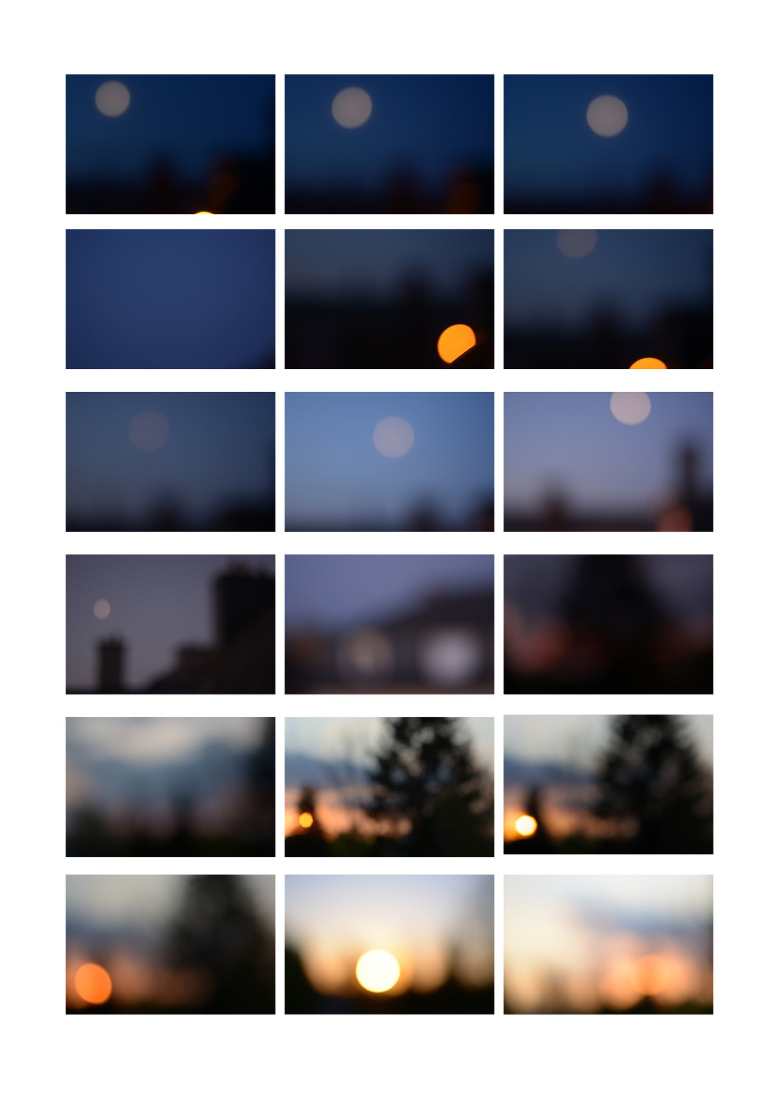 Blue Hour Triptique — panel 2, moonrise and city lights at dusk