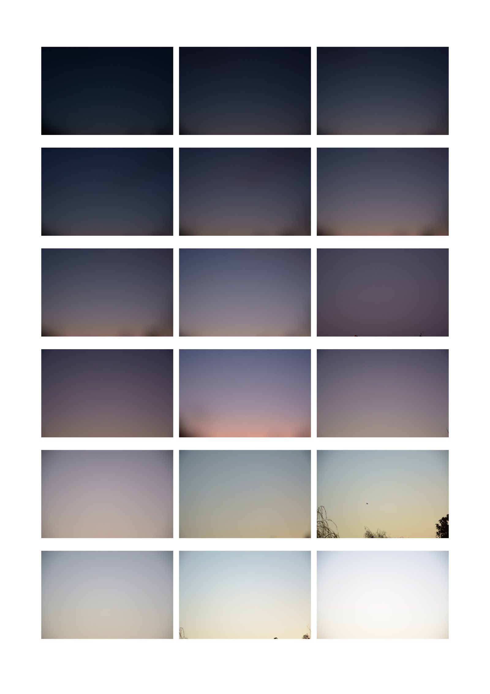 Blue Hour Triptique — panel 3, sky gradients from dusk to dawn