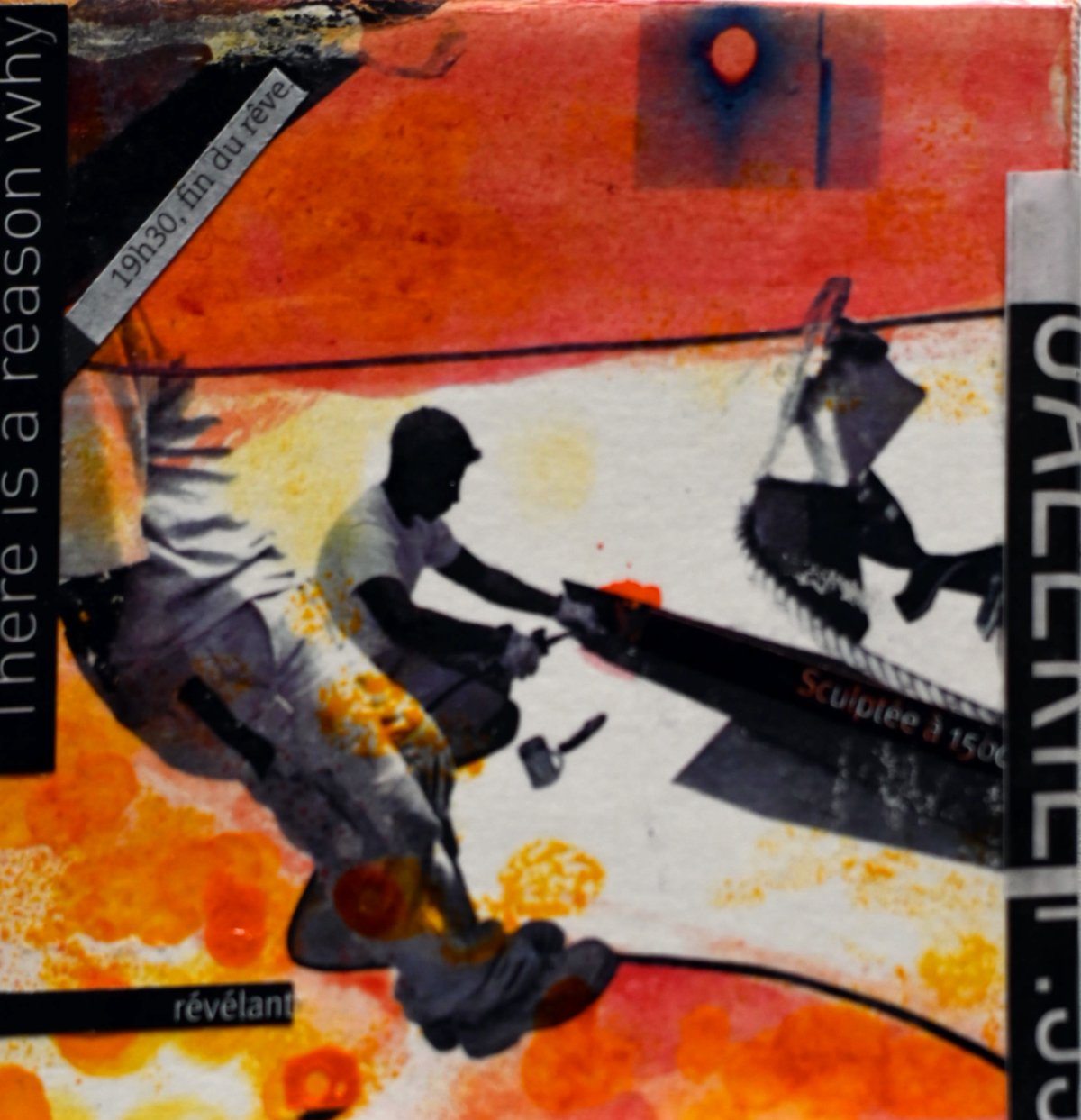 Construction series panel — figure with saw and tools collage