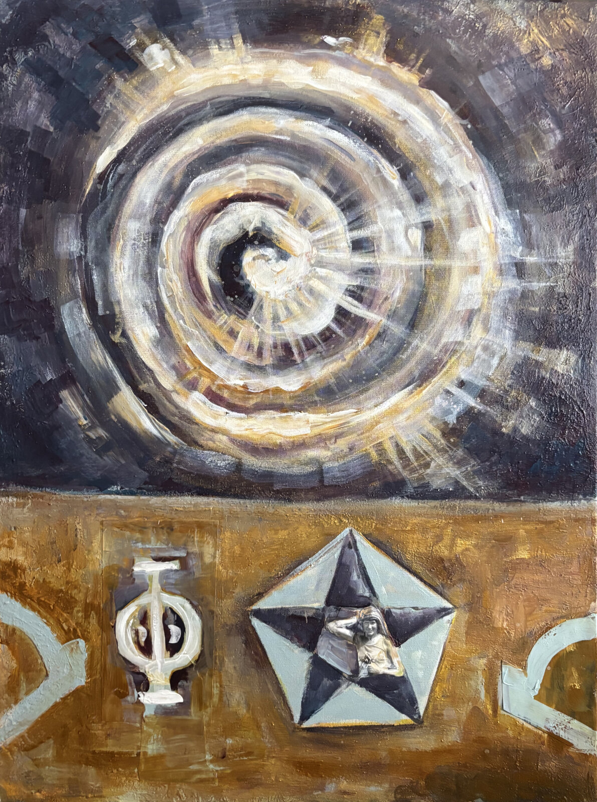Phi — a golden spiral unfolding like a galaxy, held by a profile in thought