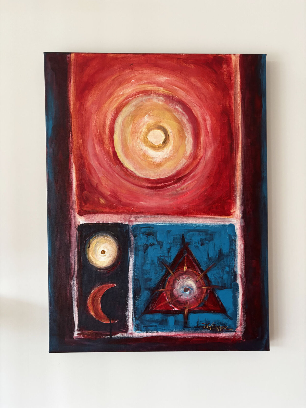 Universum — a sun dissolving into atmosphere, sacred symbols carrying quiet ritual and memory