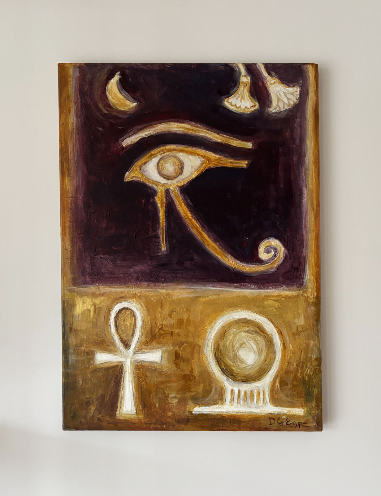 Whispers — eye, moon and ankh traced in gold and shadow